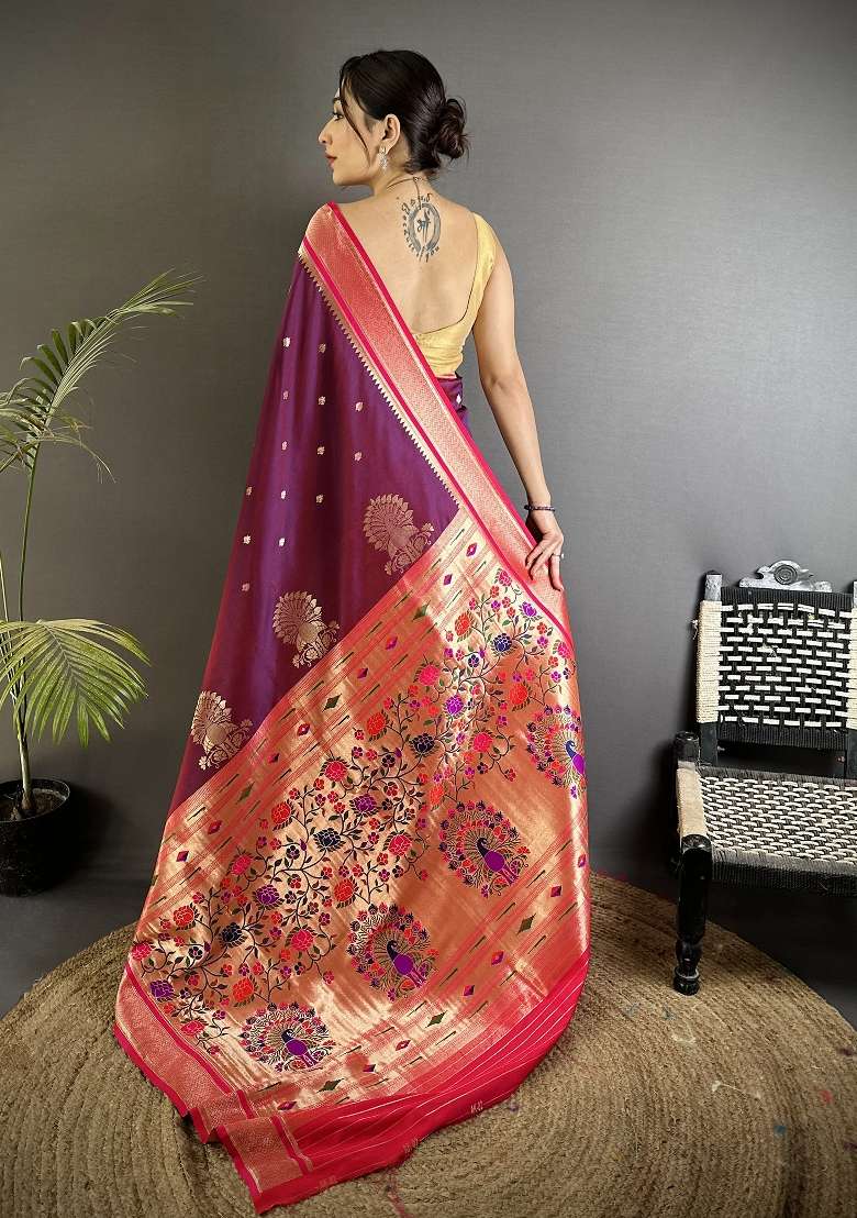 Wine Floral Print Silk Blend Saree Set for Diwali and Festive Wear - Indya