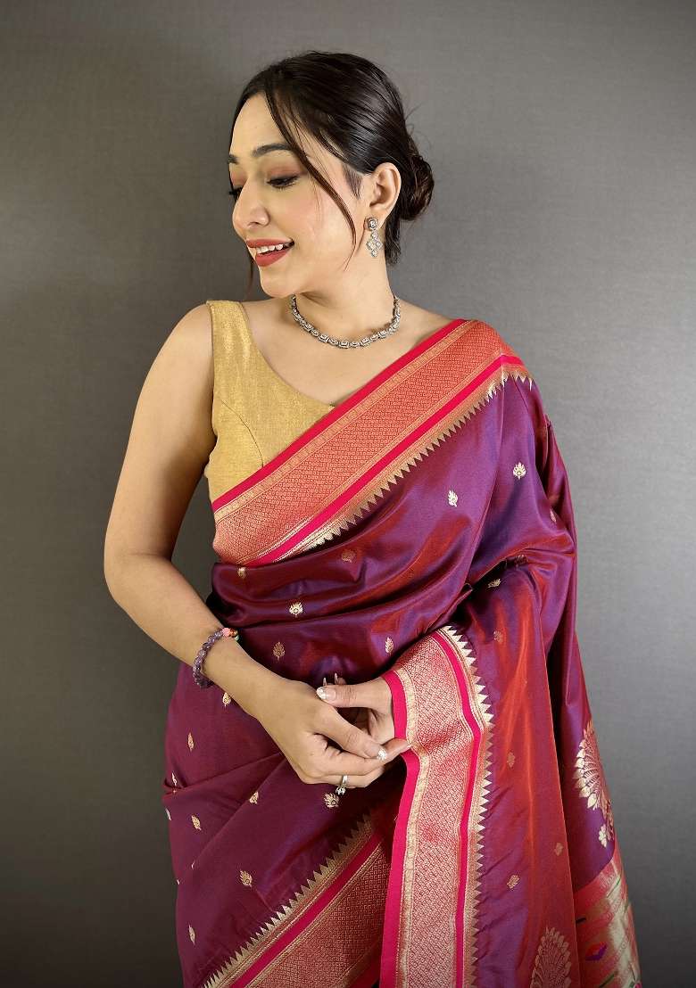Wine Floral Print Silk Blend Saree Set for Diwali and Festive Wear - Indya