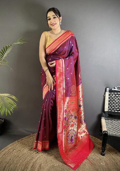 Wine Floral Print Silk Saree Set — view on Indya