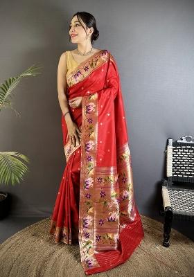 Red Floral Print Silk Blend Saree Set