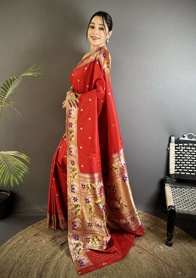 Red Floral Print Silk Blend Saree Set for Diwali and Festive Wear - Indya