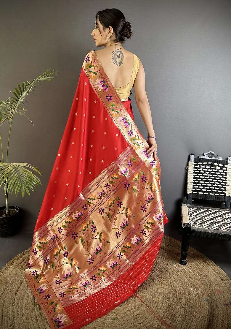 Red Floral Print Silk Blend Saree Set for Diwali and Festive Wear - Indya