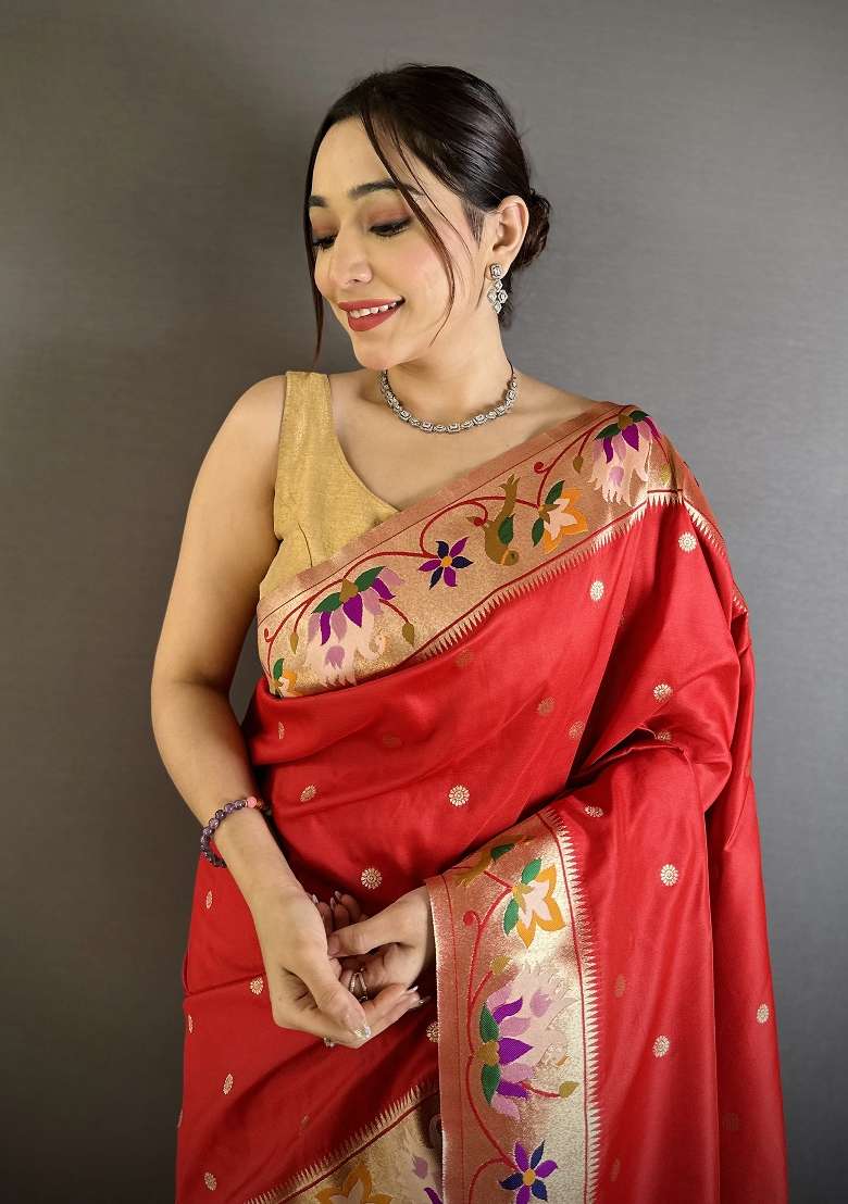 Red Floral Print Silk Blend Saree Set for Diwali and Festive Wear - Indya