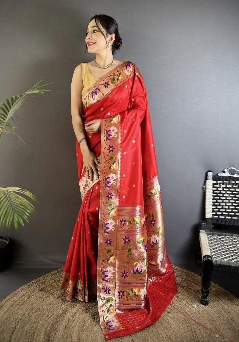 Red Floral Print Silk Blend Saree Set
