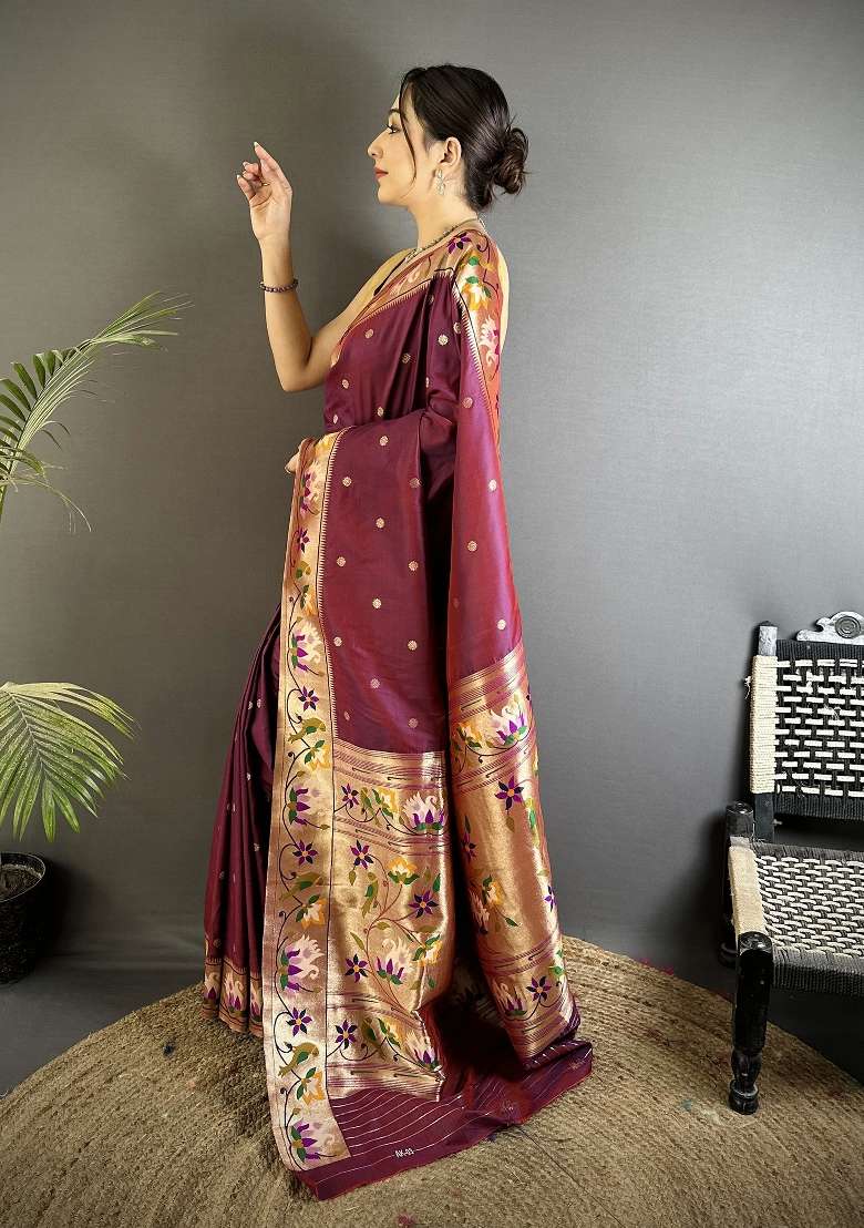 Maroon Floral Print Silk Blend Saree Set for Diwali and Festive Wear - Indya