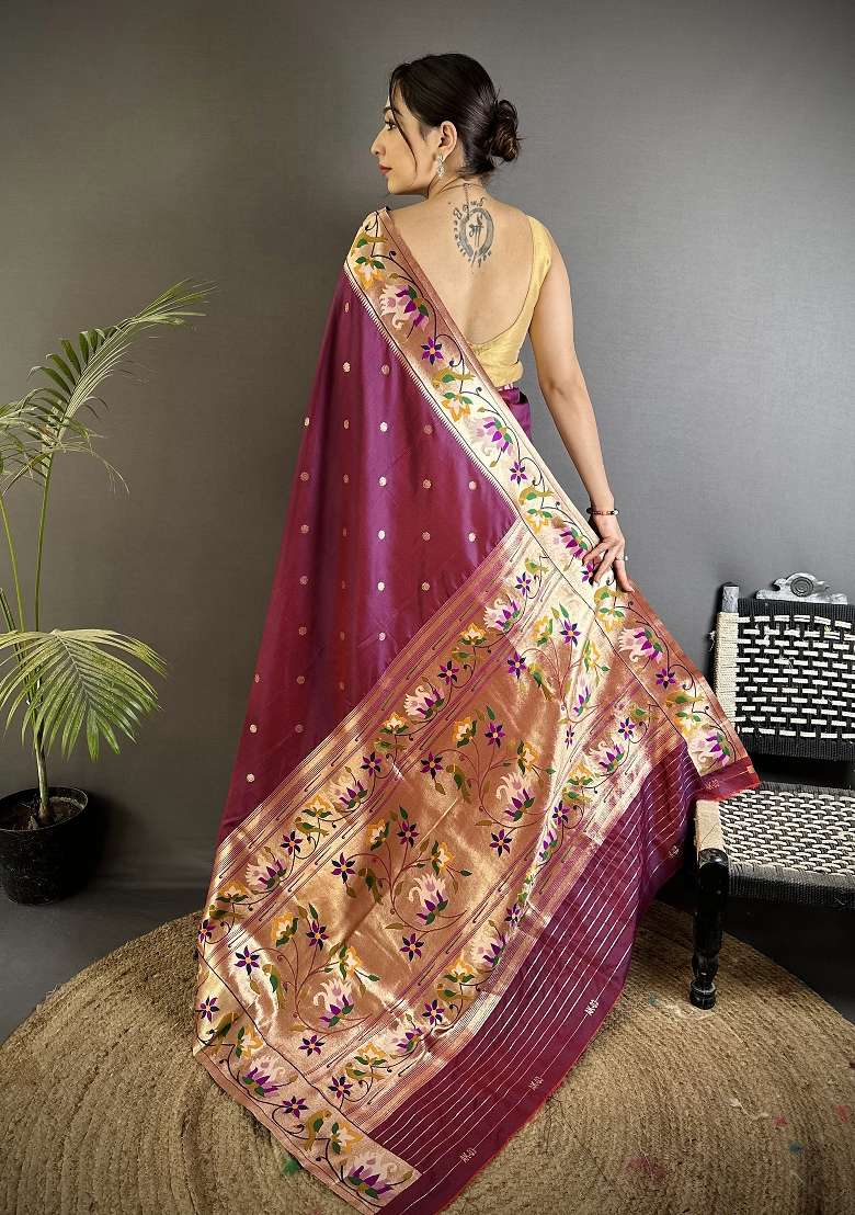 Maroon Floral Print Silk Blend Saree Set for Diwali and Festive Wear - Indya