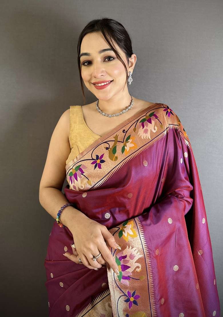 Maroon Floral Print Silk Blend Saree Set for Diwali and Festive Wear - Indya