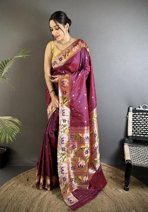 Maroon Floral Print Silk Saree Set — view on Indya
