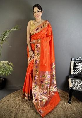 Orange Floral Print Silk Blend Saree Set