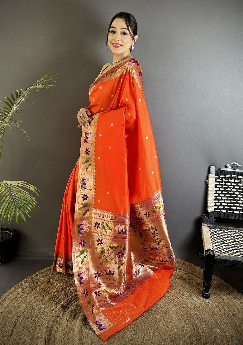 Orange Silk Blend Saree Set with Floral Print for Diwali | Wedding & Festive Wear - Indya