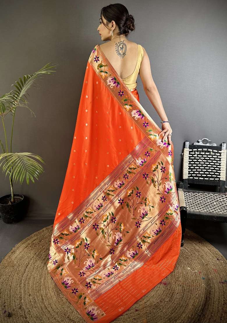 Orange Silk Blend Saree Set with Floral Print for Diwali | Wedding & Festive Wear - Indya