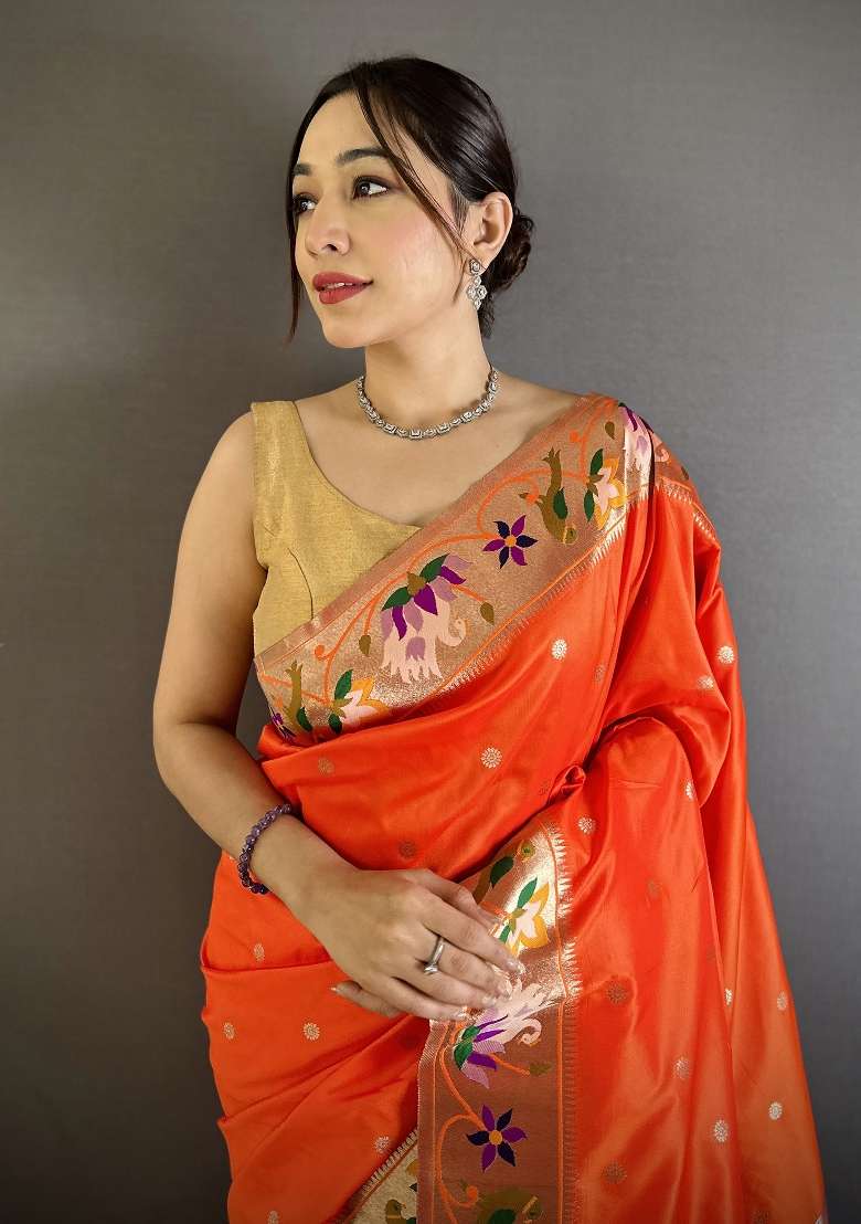 Orange Silk Blend Saree Set with Floral Print for Diwali | Wedding & Festive Wear - Indya