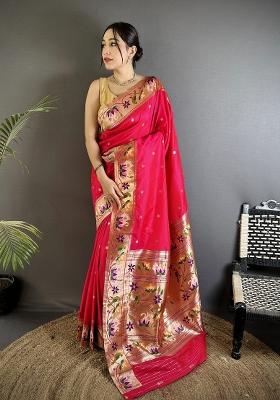 Rani Pink Floral Print Silk Blend Saree Set