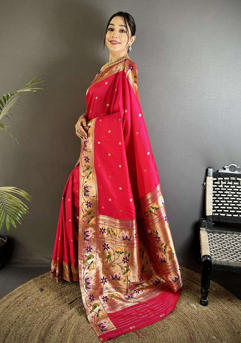 Rani Pink Silk Blend Saree Set with Floral Print for Diwali | Wedding & Festive Wear - Indya