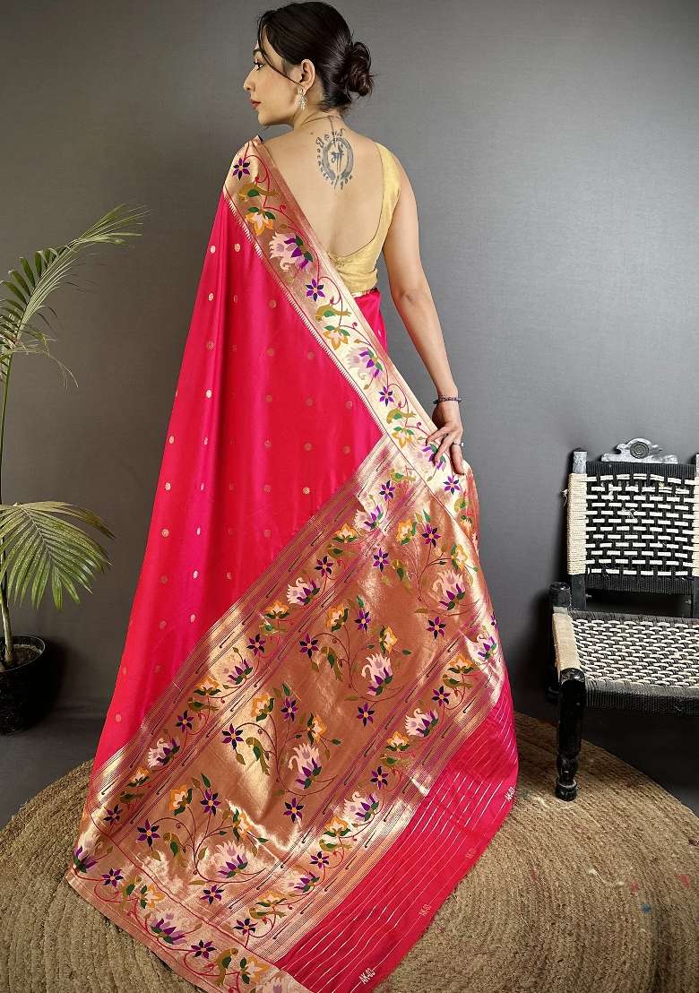 Rani Pink Silk Blend Saree Set with Floral Print for Diwali | Wedding & Festive Wear - Indya