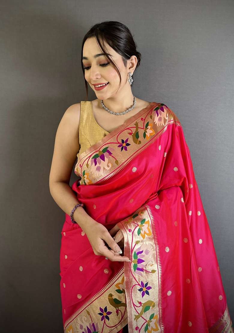 Rani Pink Silk Blend Saree Set with Floral Print for Diwali | Wedding & Festive Wear - Indya