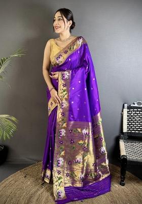 Purple Floral Print Silk Blend Saree Set