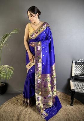 Royal Blue Floral Print Silk Saree Set