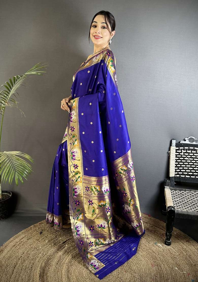 Royal Blue Floral Print Silk Blend Saree Set for Diwali and Festive Wear - Indya
