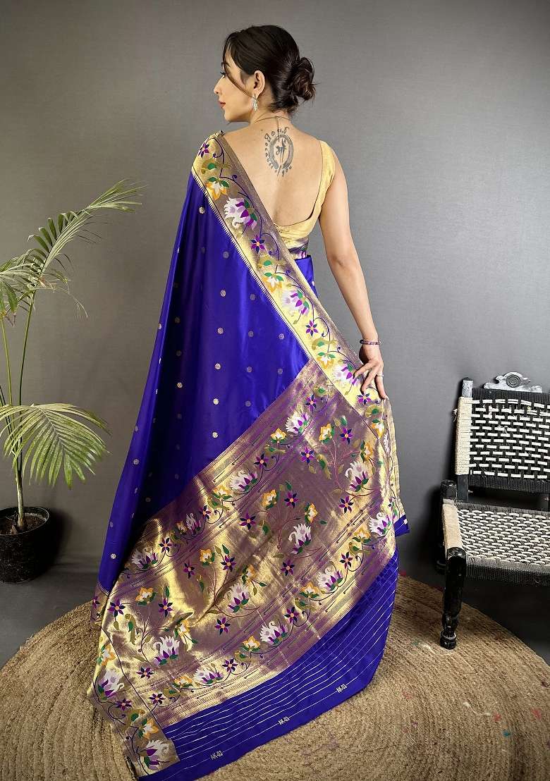 Royal Blue Floral Print Silk Blend Saree Set for Diwali and Festive Wear - Indya