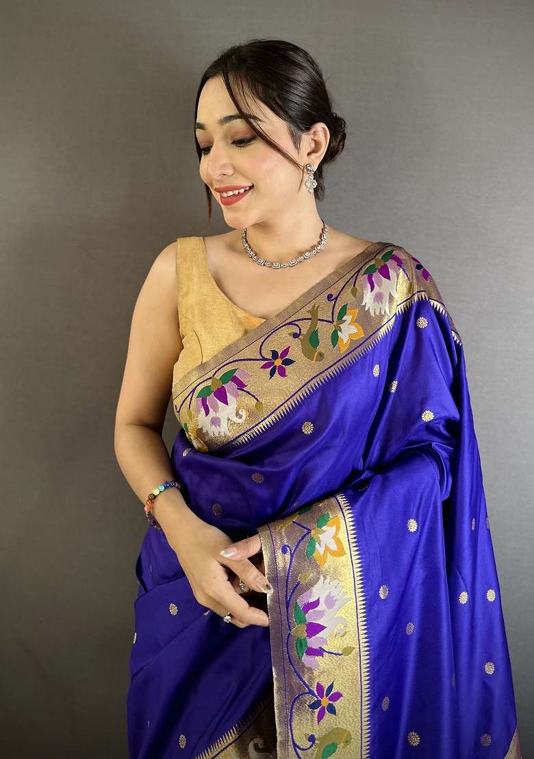 Royal Blue Floral Print Silk Blend Saree Set for Diwali and Festive Wear - Indya