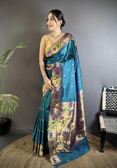 Teal Floral Print Silk Saree Set — view on Indya