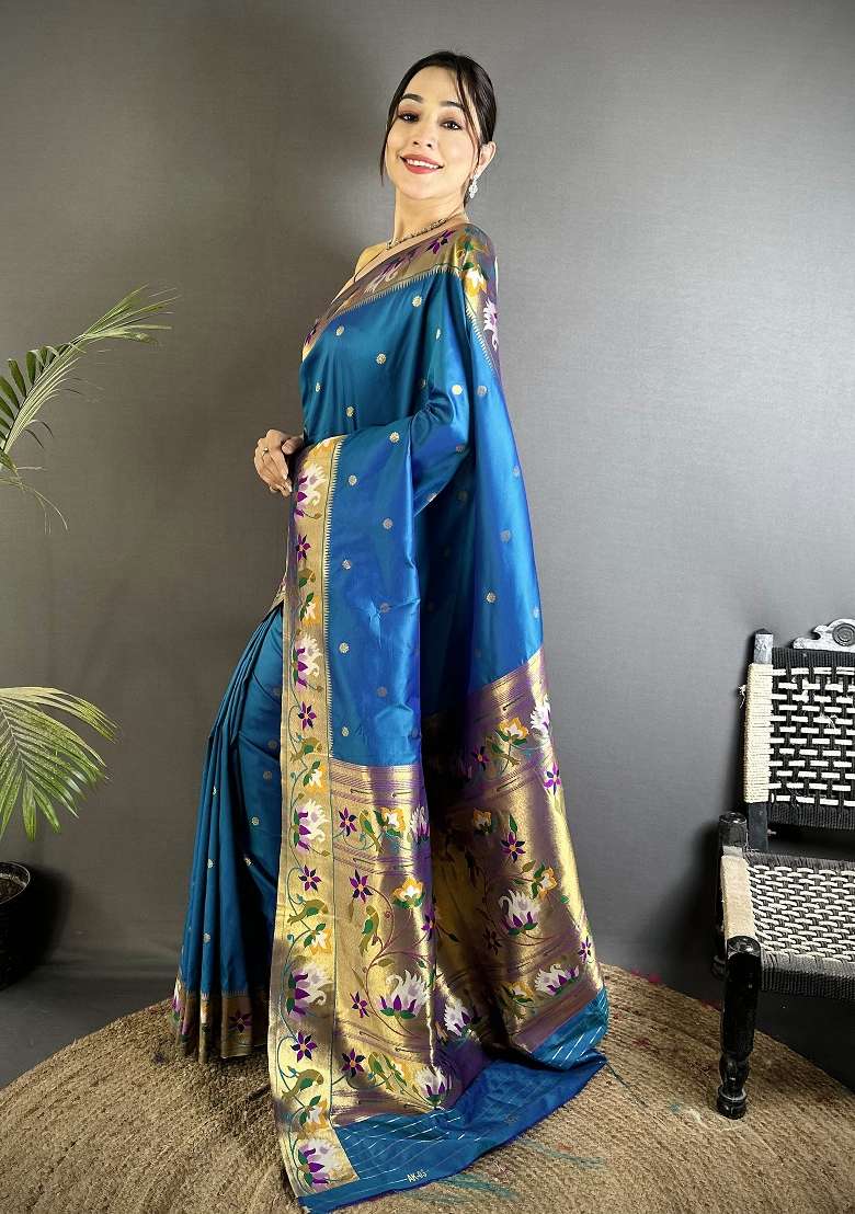 Teal Blue Silk Blend Saree Set with Floral Print for Diwali | Wedding & Festive Wear - Indya