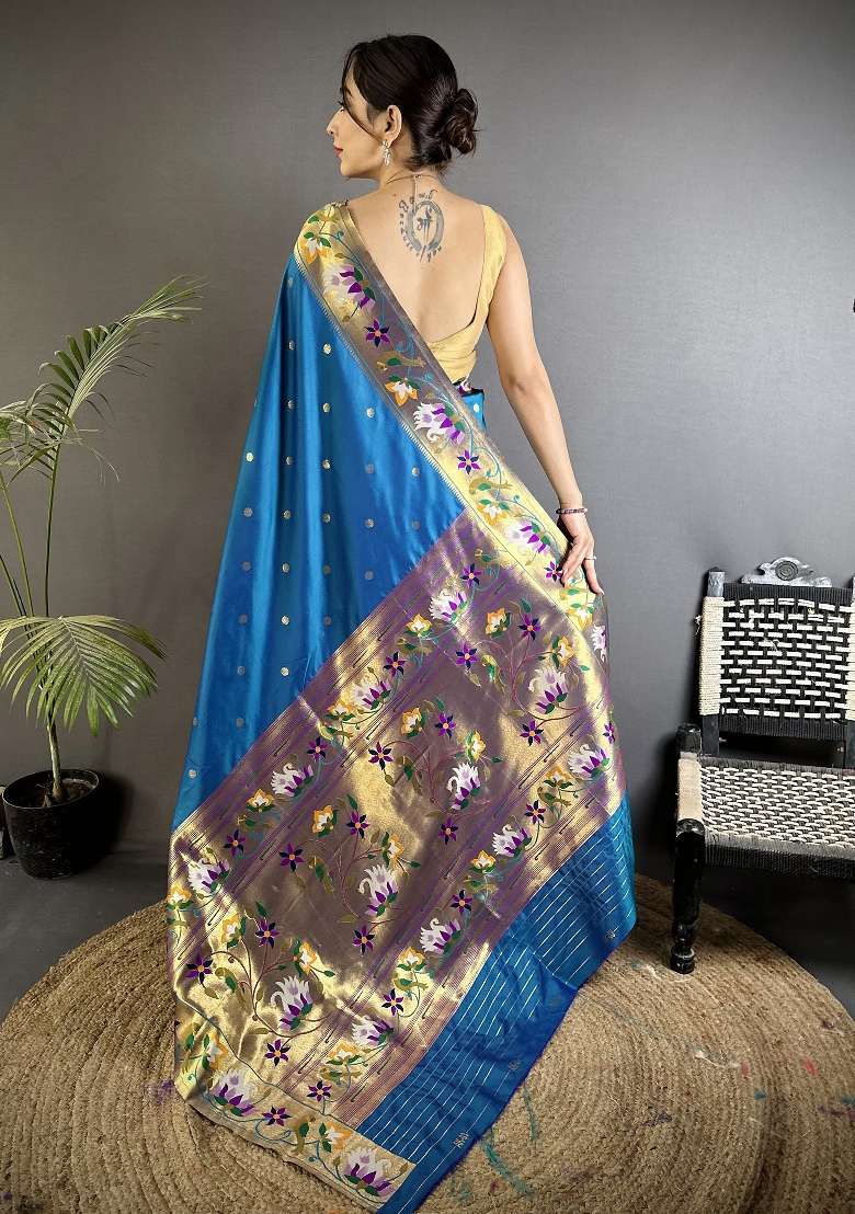 Teal Blue Silk Blend Saree Set with Floral Print for Diwali | Wedding & Festive Wear - Indya