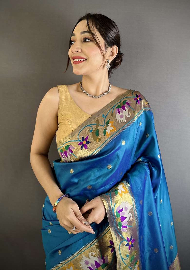 Teal Blue Silk Blend Saree Set with Floral Print for Diwali | Wedding & Festive Wear - Indya