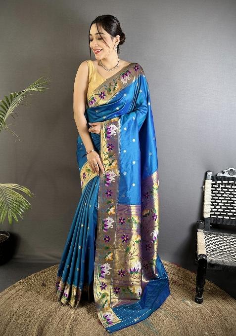 Teal Blue Floral Print Silk Saree Set — view on Indya