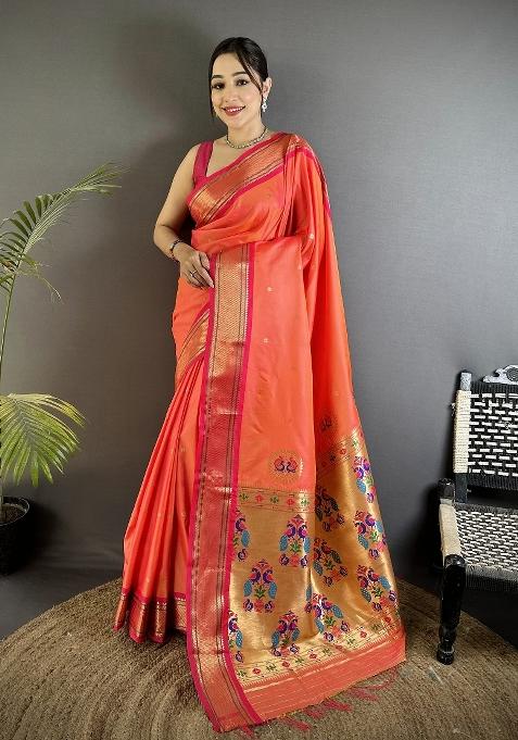 Orange Peacock Ethnic Motifs Silk Saree Set — view on Indya