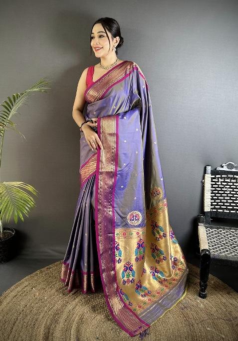 Purple Peacock Ethnic Motifs Silk Saree Set — view on Indya