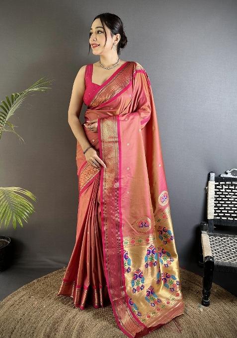 Peach Peacock Ethnic Motifs Silk Saree Set — view on Indya