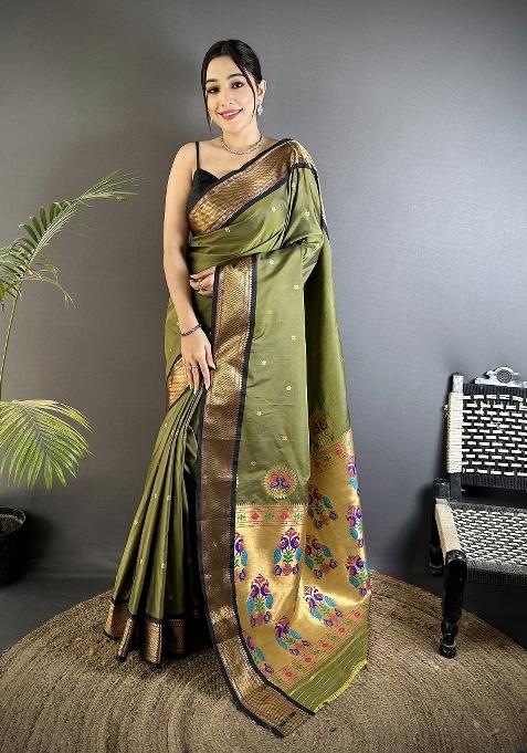 Mehandi Green Peacock Ethnic Motifs Silk Saree Set — view on Indya