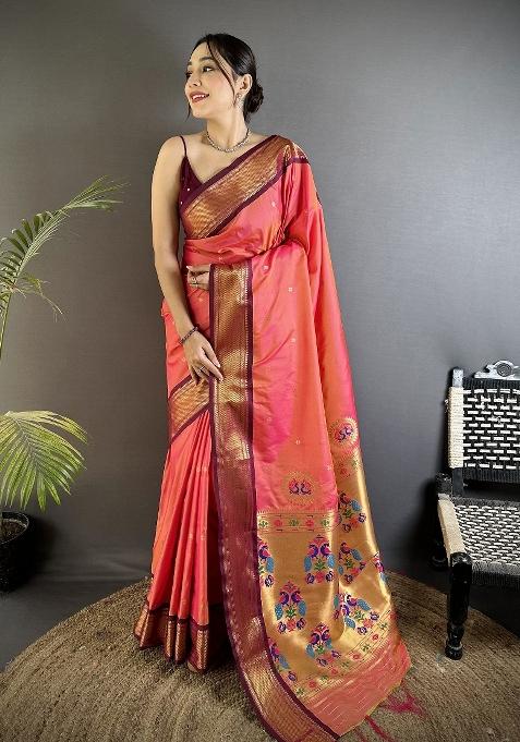 Gajari Peacock Ethnic Motifs Silk Saree Set — view on Indya