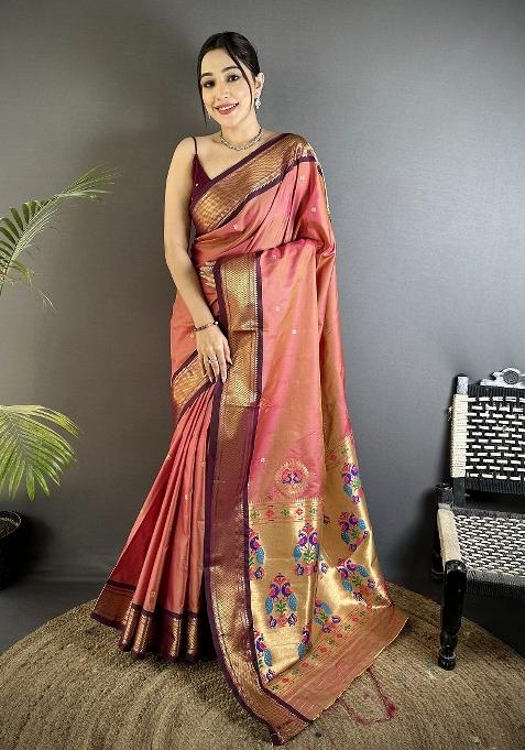 Onion Pink Peacock Ethnic Motifs Silk Saree Set — view on Indya