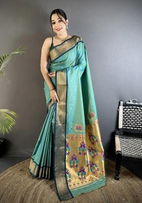 Sea Green Peacock Ethnic Motifs Silk Blend Saree Set