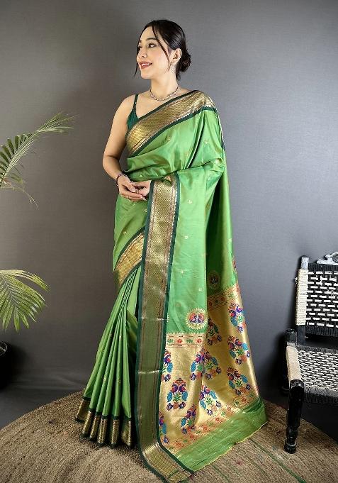 Green Peacock Ethnic Motifs Silk Saree Set — view on Indya