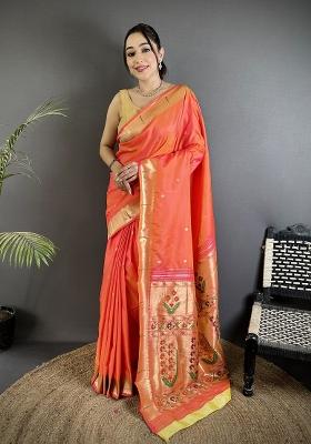 Orange Floral Print Silk Blend Saree Set