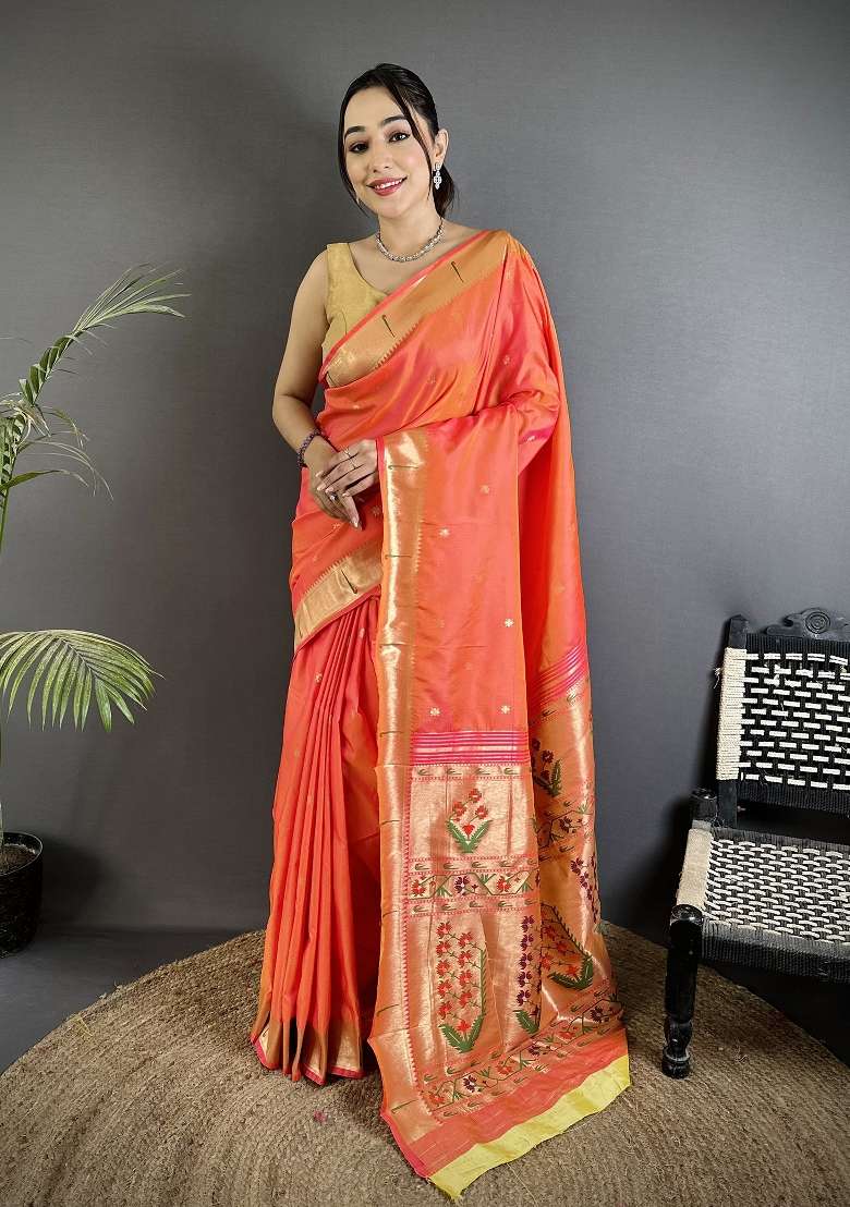 Orange Silk Blend Saree Set with Floral Print for Diwali | Wedding & Festive Wear - Indya