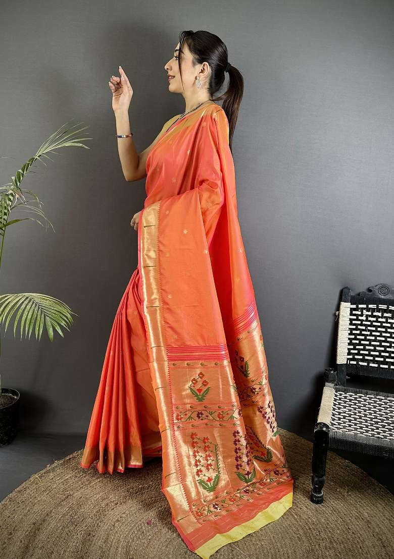 Orange Silk Blend Saree Set with Floral Print for Diwali | Wedding & Festive Wear - Indya