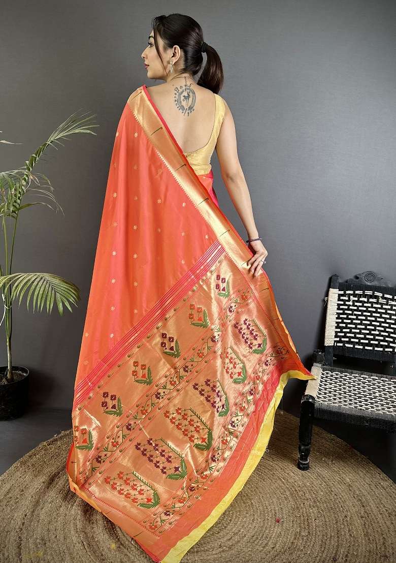 Orange Silk Blend Saree Set with Floral Print for Diwali | Wedding & Festive Wear - Indya