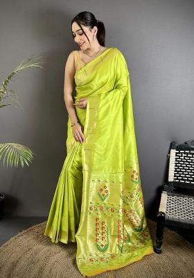 Lime Green Floral Print Silk Blend Saree Set