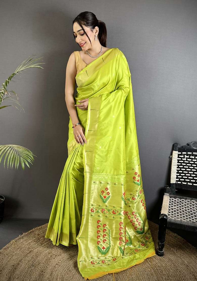 Lime Green Floral Print Silk Blend Saree Set for Diwali and Festive Wear - Indya