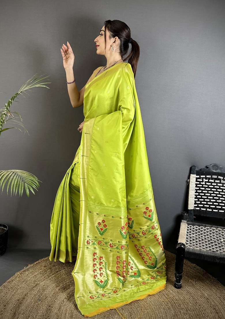 Lime Green Floral Print Silk Blend Saree Set for Diwali and Festive Wear - Indya