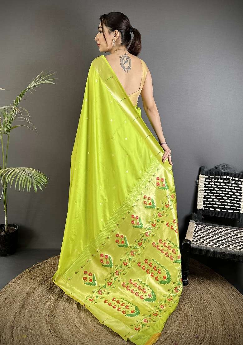 Lime Green Floral Print Silk Blend Saree Set for Diwali and Festive Wear - Indya