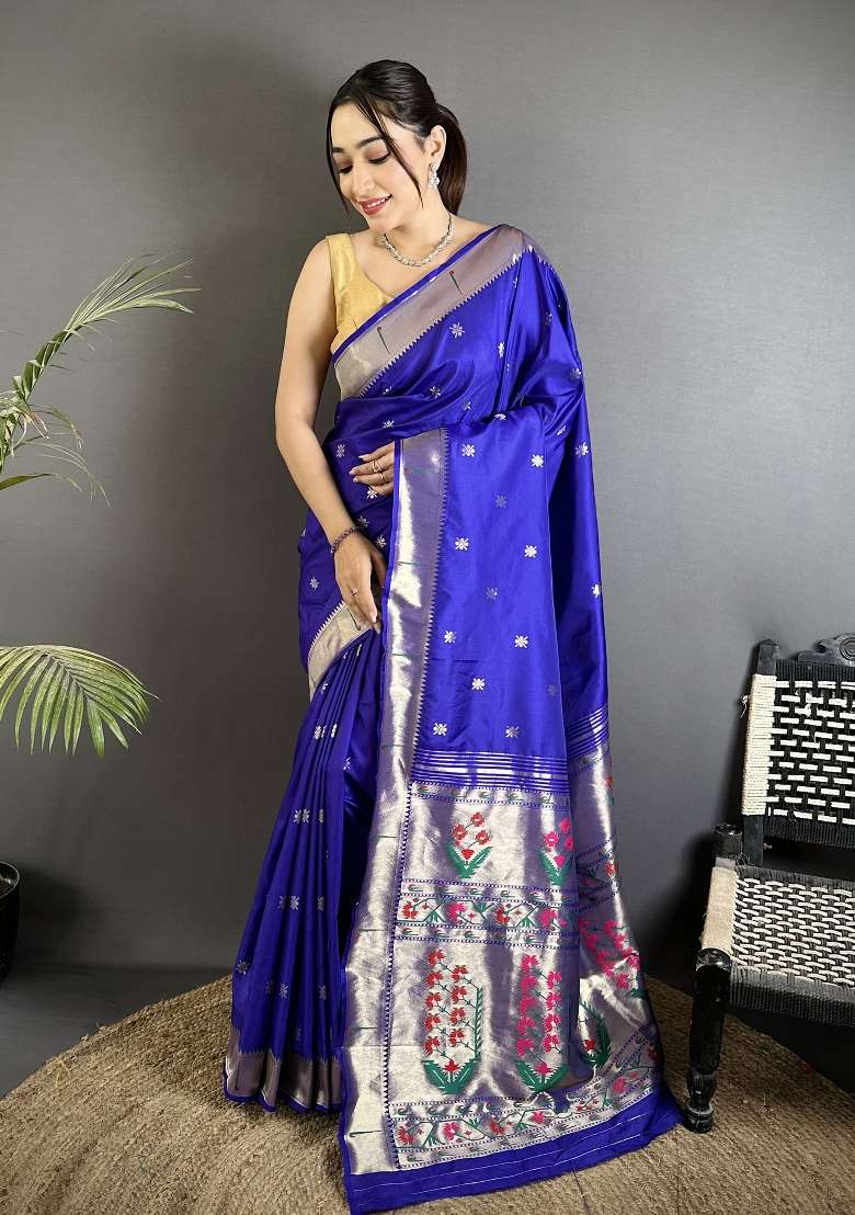Royal Blue Floral Print Silk Blend Saree Set for Diwali and Festive Wear - Indya