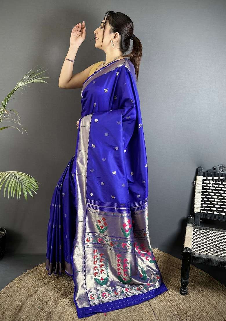 Royal Blue Floral Print Silk Blend Saree Set for Diwali and Festive Wear - Indya