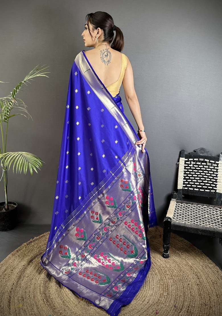 Royal Blue Floral Print Silk Blend Saree Set for Diwali and Festive Wear - Indya