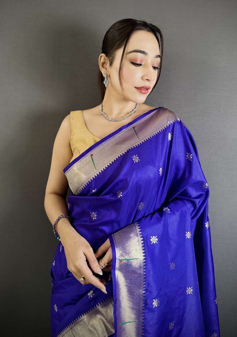 Royal Blue Floral Print Silk Blend Saree Set for Diwali and Festive Wear - Indya